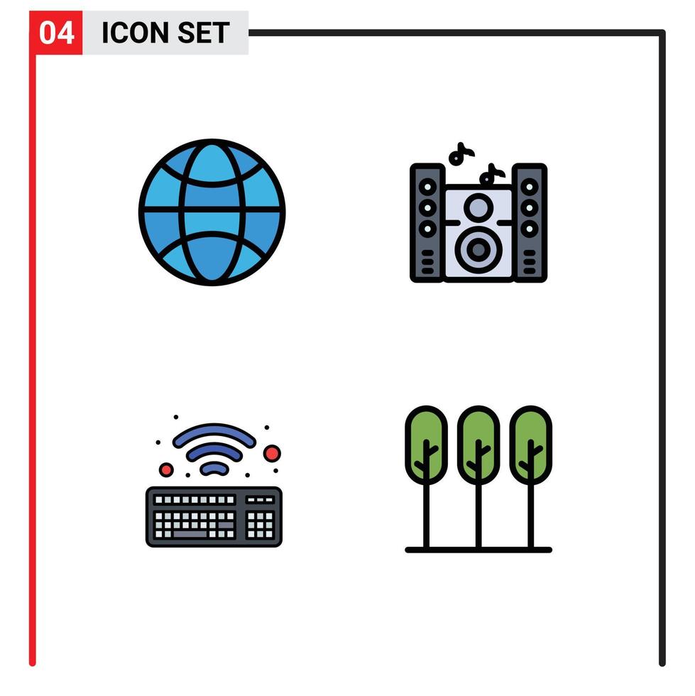 interface mobile filledline couleur plate ensemble de 4 pictogrammes de globe nature musique clavier arbre éléments de conception vectoriels modifiables vecteur