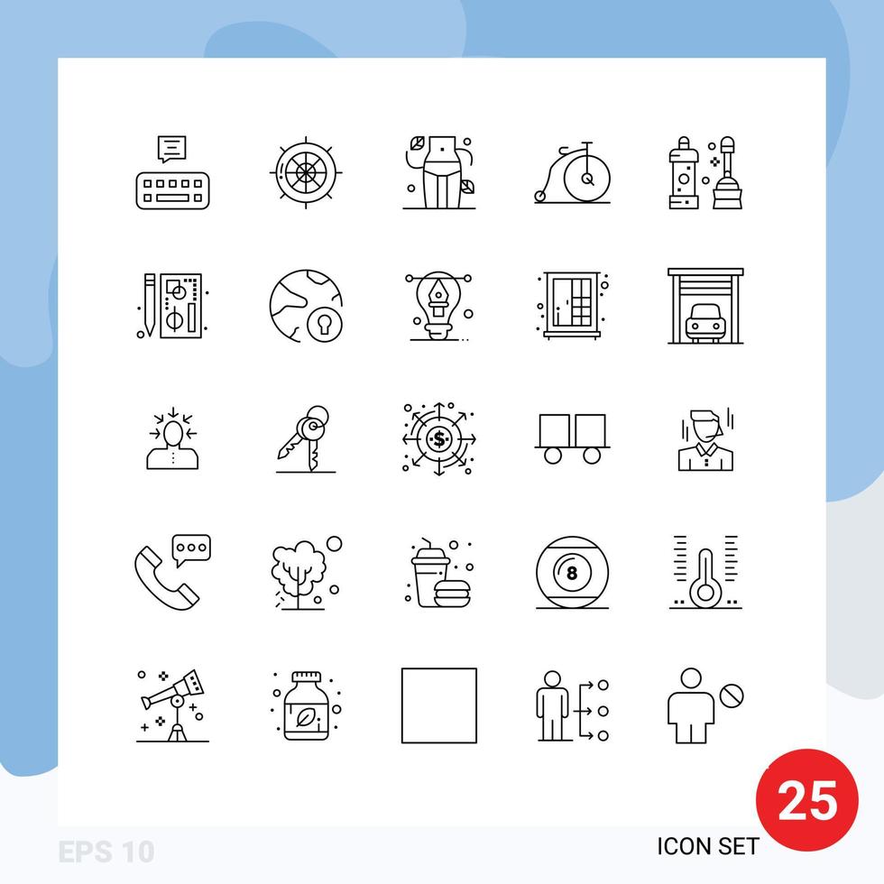 25 lignes vectorielles thématiques et symboles modifiables d'éléments de conception vectoriels modifiables de vélo de transport de régime de véhicule plus propre vecteur