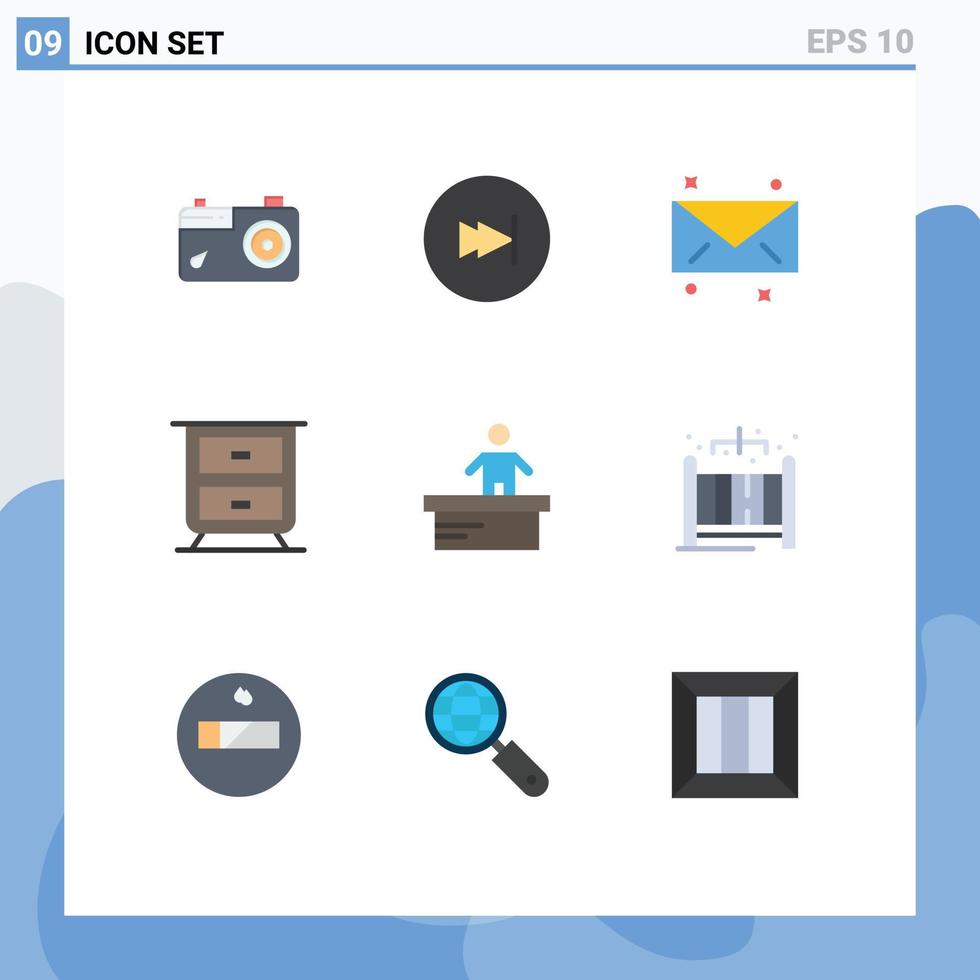 interface mobile couleur plate ensemble de 9 pictogrammes d'éléments de conception vectoriels modifiables intérieurs de bureau de message de bureau à domicile vecteur