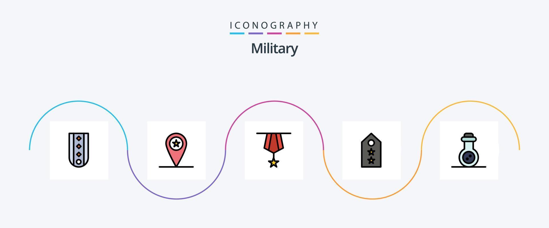 pack d'icônes plat rempli de 5 lignes militaires, y compris l'étiquette. rang. soldat. militaire. médaille vecteur