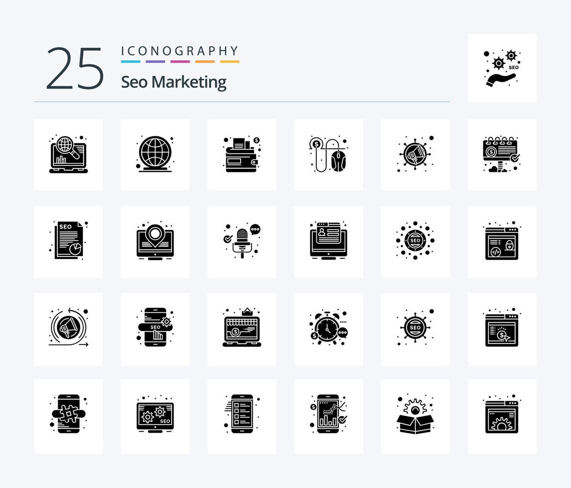 seo marketing pack d'icônes de 25 glyphes solides, y compris viral. commercialisation. en espèces. en espèces. Payer vecteur