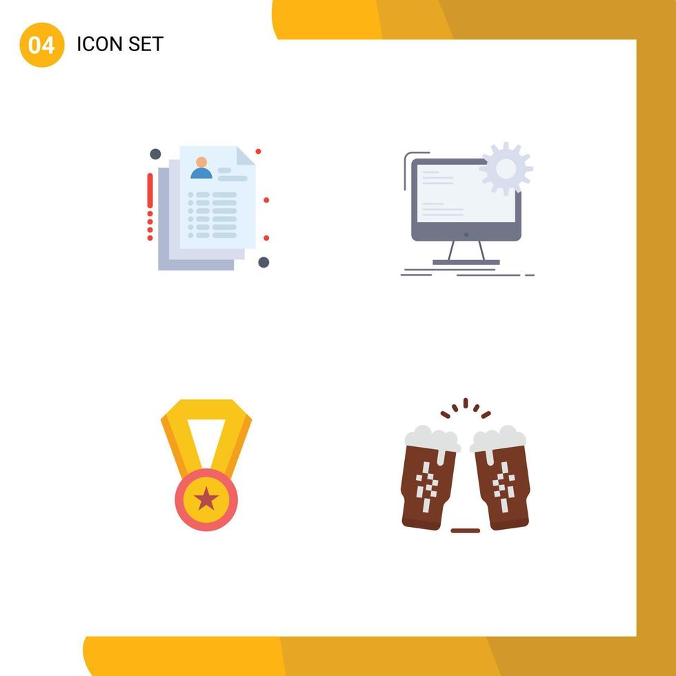 ensemble de pictogrammes de 4 icônes plates simples d'éléments de conception vectoriels modifiables de médaille de page d'enregistrement de réalisation de soins vecteur