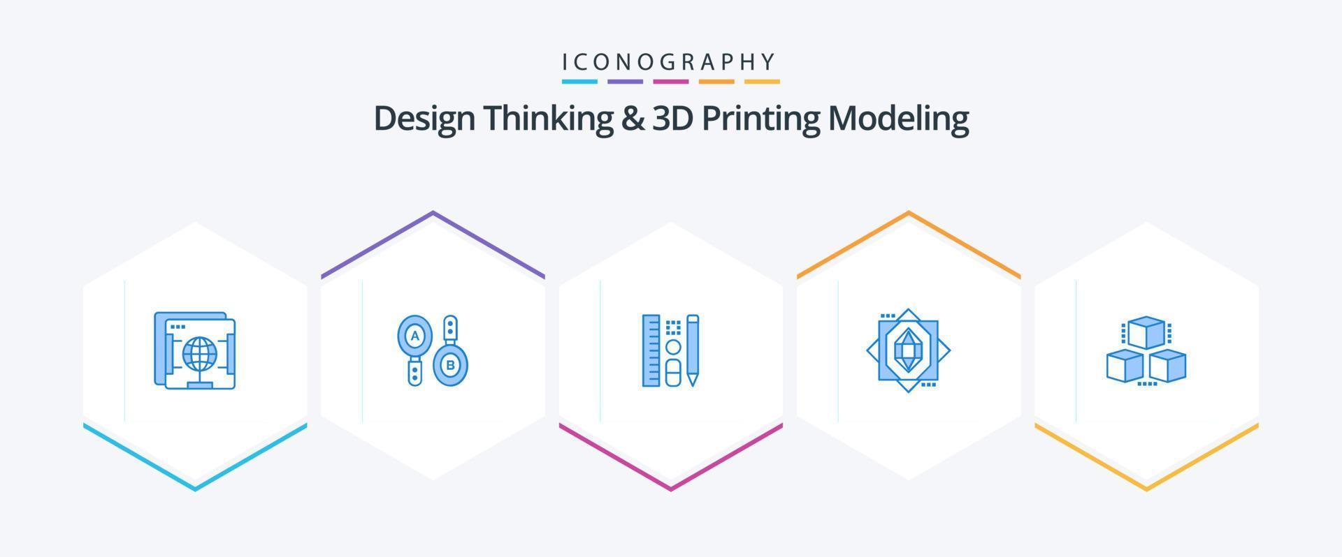 design thinking et d printing modeling 25 pack d'icônes bleues, y compris la livraison. motif. stylo. formant. ré vecteur