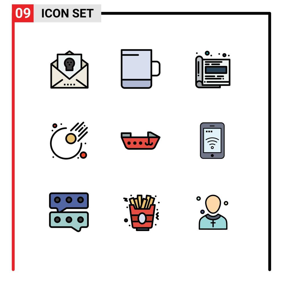 symboles d'icônes universels groupe de 9 couleurs plates de ligne de remplissage modernes d'éléments de conception vectoriels modifiables d'astronomie de bateau de magazine de moteur mobile vecteur