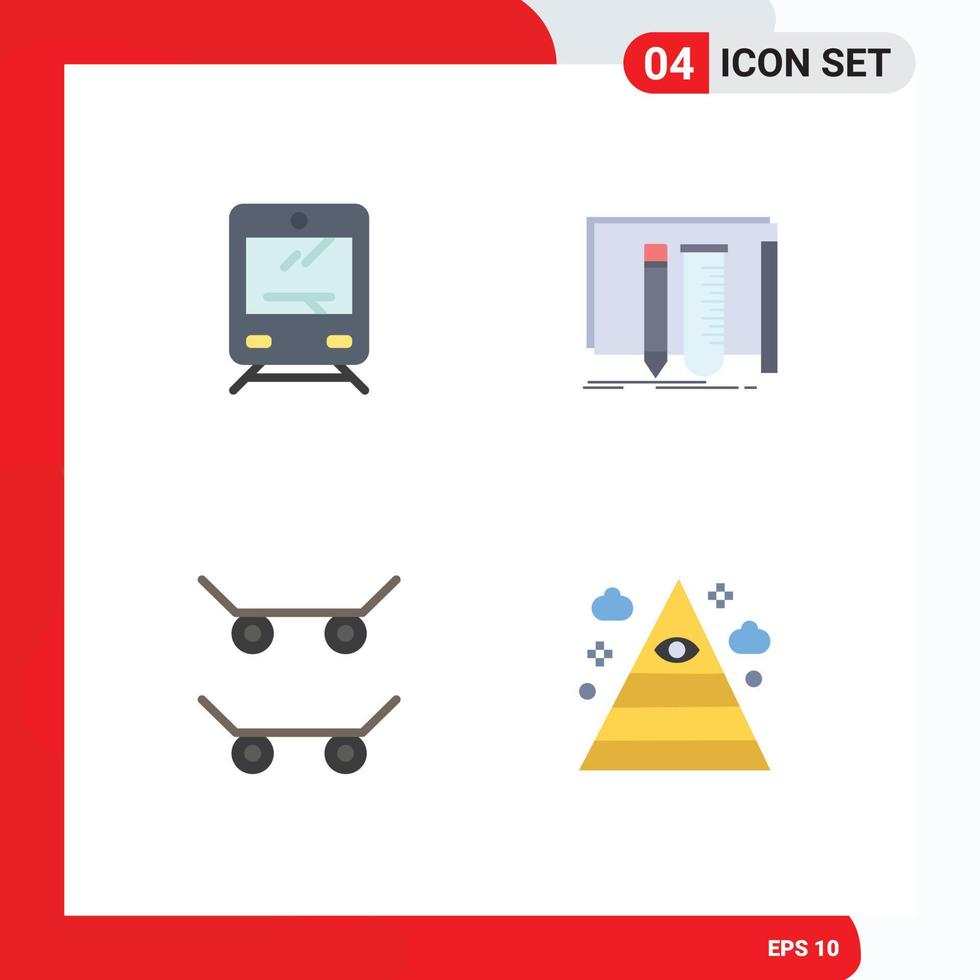 pack d'interface utilisateur de 4 icônes plates de base d'éléments de conception vectoriels modifiables de voyage de planche à roulettes de train vecteur