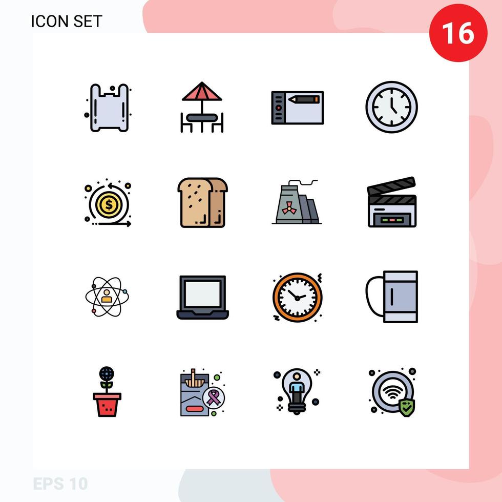 pack de 16 signes et symboles de lignes remplies de couleurs plates modernes pour les supports d'impression Web tels que la conception du temps d'écoulement des appareils ménagers horloge éléments de conception vectoriels créatifs modifiables vecteur