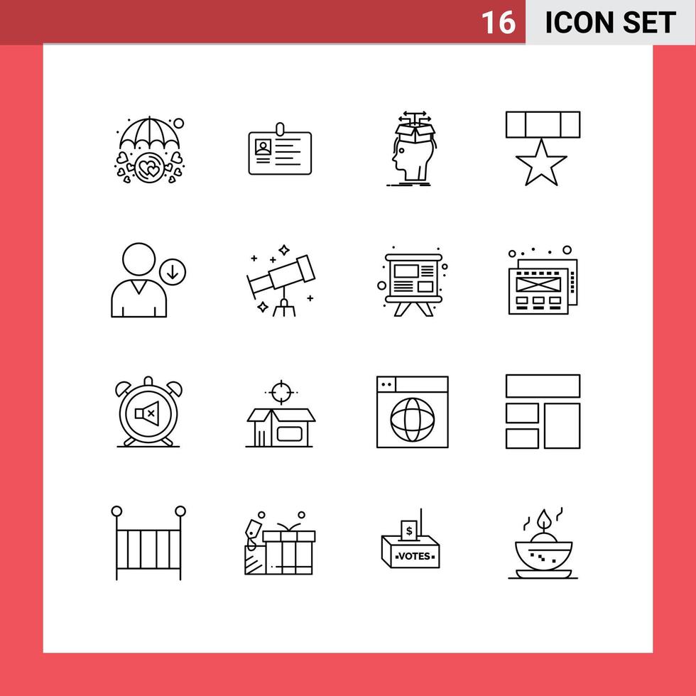 ensemble de pictogrammes de 16 contours simples d'éléments de conception vectoriels modifiables de données de tête d'identification de connaissances de prix vecteur