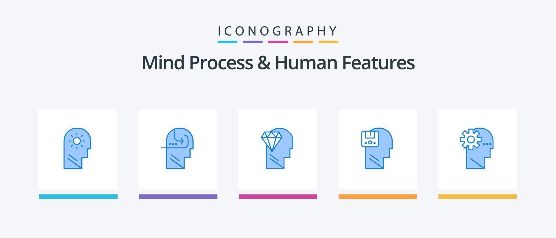 processus mental et caractéristiques humaines pack d'icônes bleues 5, y compris le cerveau. utilisateur. pensée. Les données. Mémoire. conception d'icônes créatives vecteur