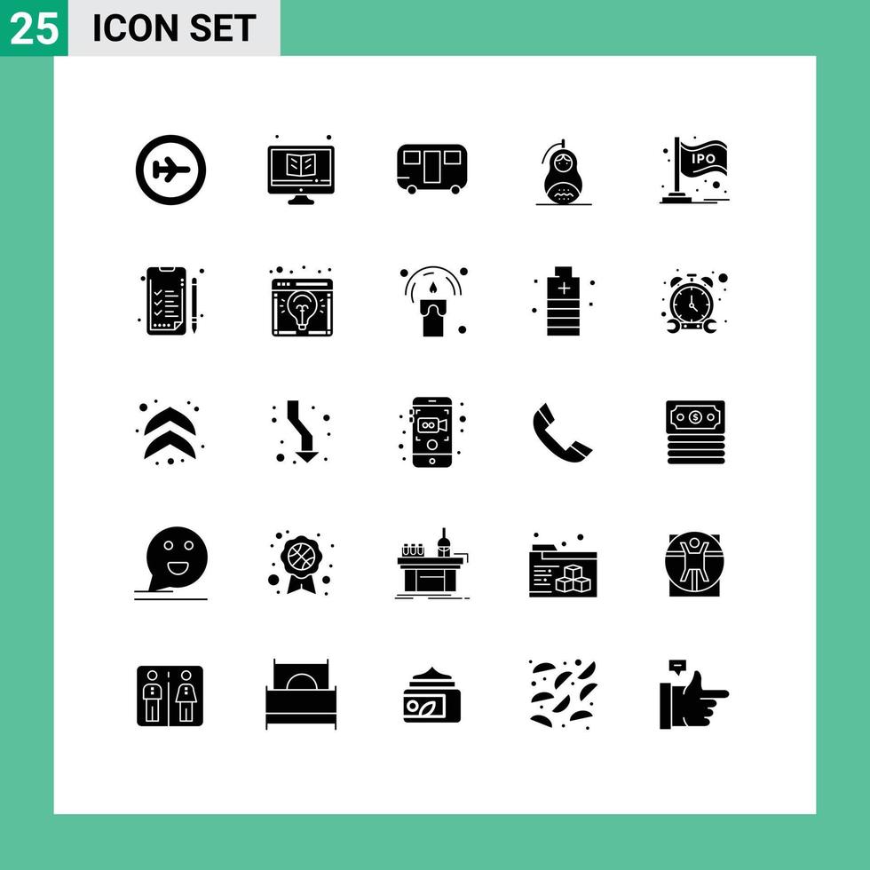 pictogramme ensemble de 25 glyphes solides simples de russie matrioshka moniteur grenade wagon éléments de conception vectoriels modifiables vecteur