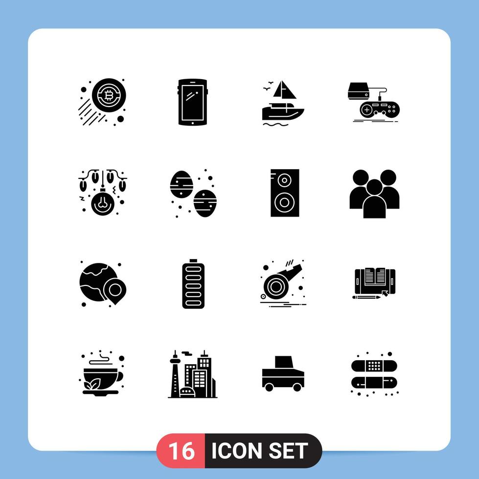 ensemble de 16 glyphes solides universels pour les applications web et mobiles ampoule playstation bateau console de jeu éléments de conception vectoriels modifiables vecteur