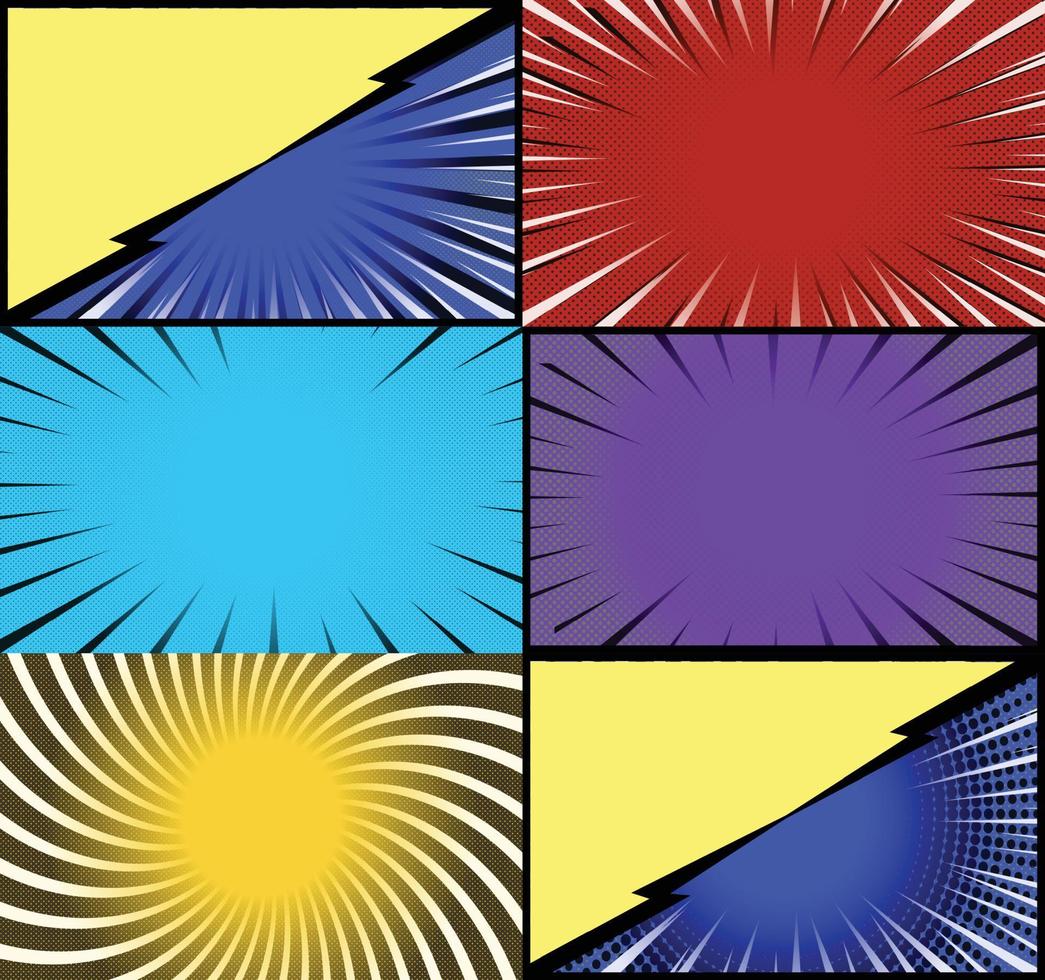 fond de cadres colorés de bande dessinée avec des rayons de demi-teintes effets radiaux et pointillés style pop art vecteur