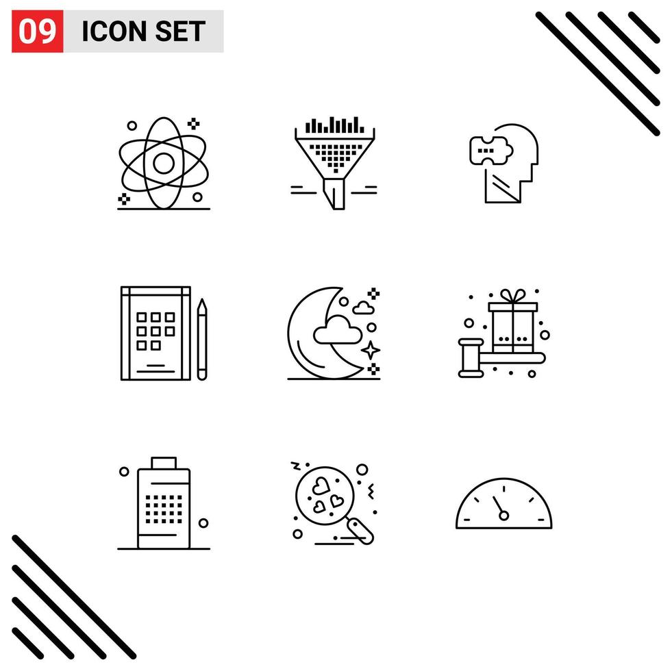 ensemble de 9 symboles d'icônes d'interface utilisateur modernes signes pour les notes de lune trier le cahier résoudre des éléments de conception vectoriels modifiables vecteur