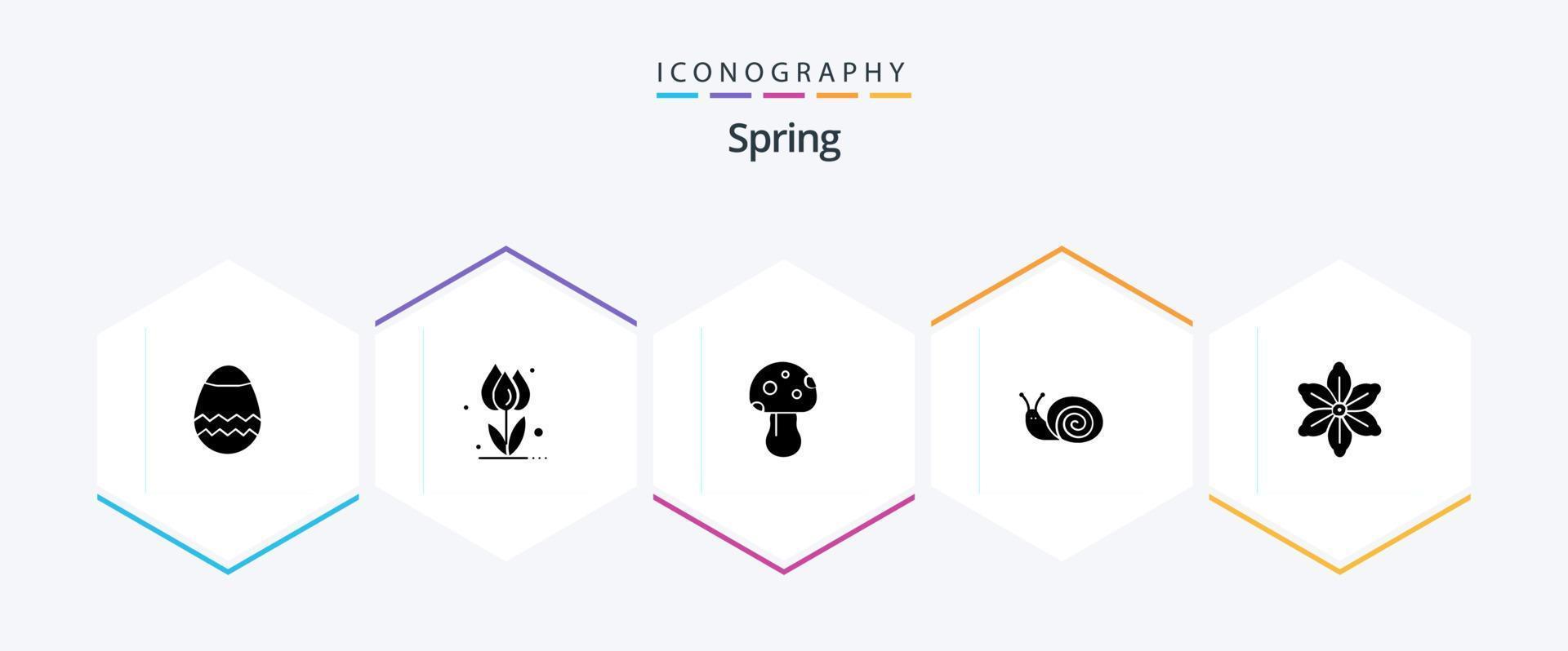 pack d'icônes de glyphes printemps 25, y compris floral. printemps. champignon. escargot. punaise vecteur