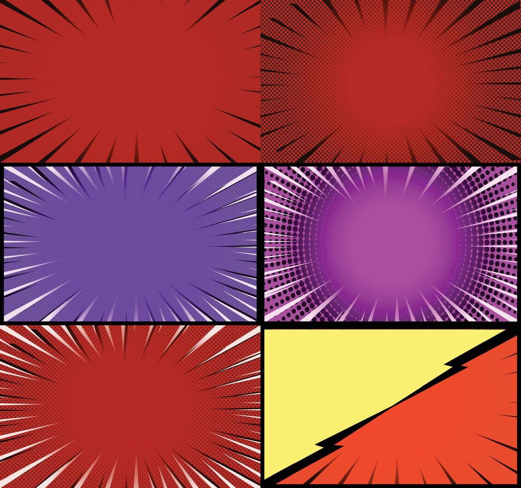 fond de cadres colorés de bande dessinée avec des rayons de demi-teintes effets radiaux et pointillés style pop art vecteur