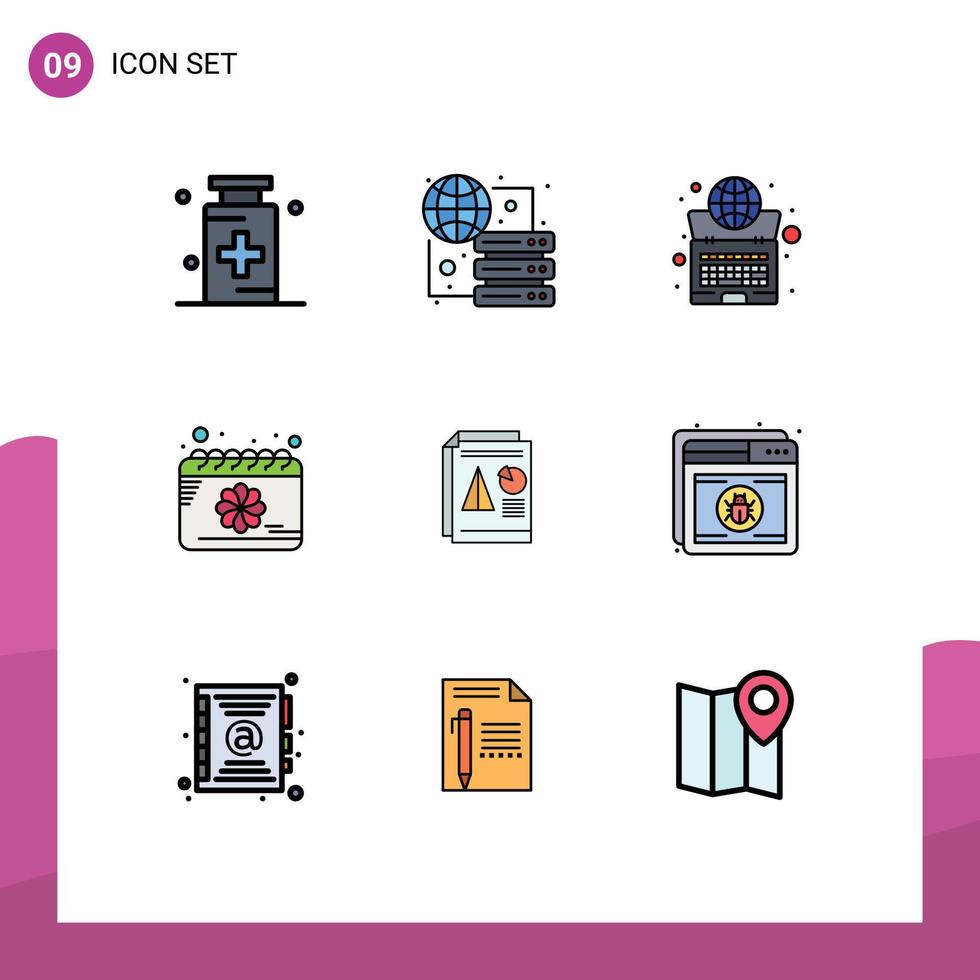 ensemble de pictogrammes de 9 couleurs plates remplies simples d'éléments de conception vectoriels modifiables du système de calendrier du serveur de date de printemps vecteur