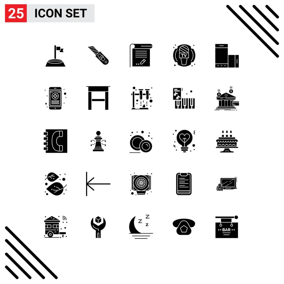 interface utilisateur pack de 25 glyphes solides de base du microphone de l'appareil document journaliste bloc-notes éléments de conception vectoriels modifiables vecteur