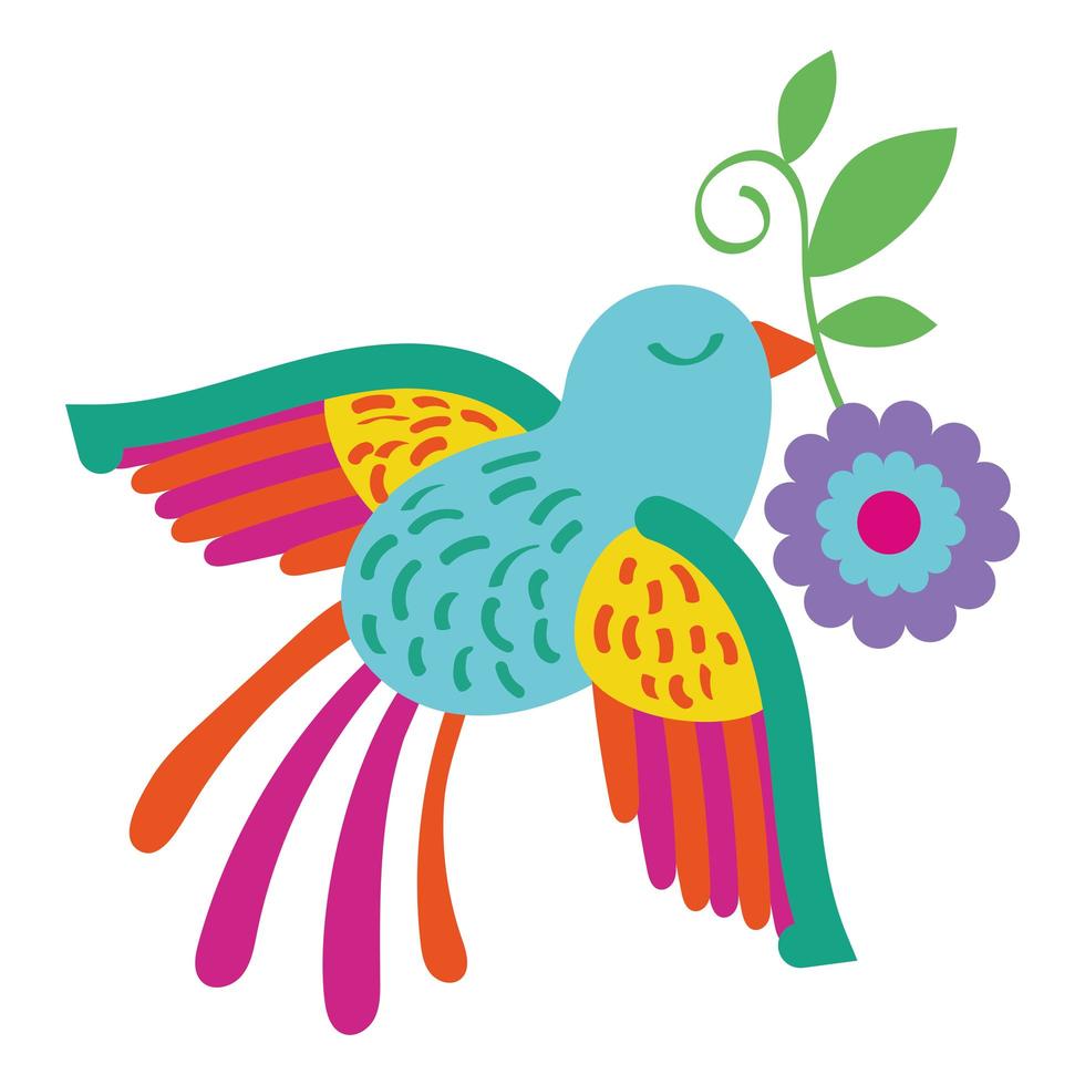 oiseau mignon volant avec décoration mexicaine de fleurs vecteur