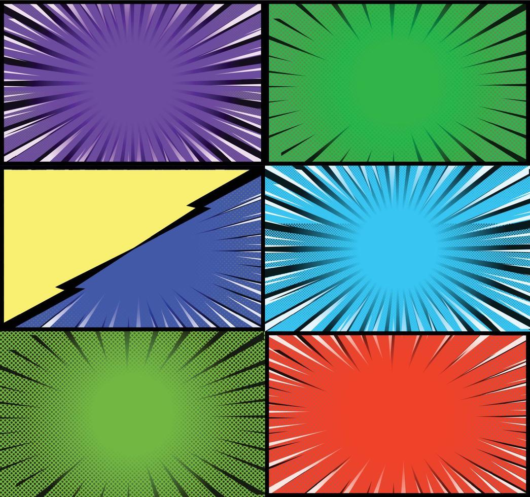 fond de cadres colorés de bande dessinée avec des rayons de demi-teintes effets radiaux et pointillés style pop art vecteur