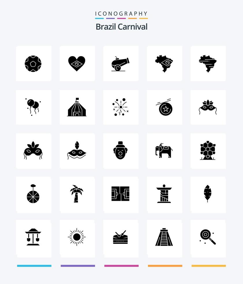 pack d'icônes noir solide de 25 glyphes du carnaval du brésil créatif tel qu'une arme. fête. cœur. carnaval. Brésil vecteur