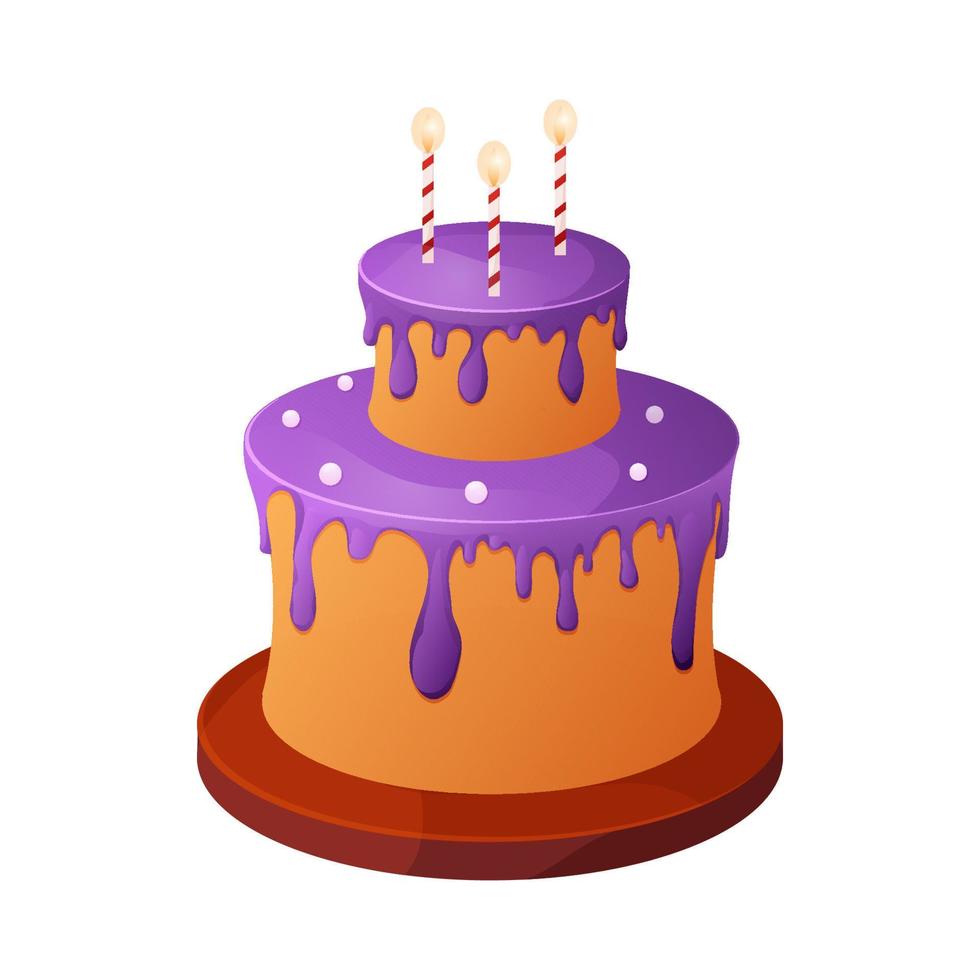gâteau d'anniversaire sur une plaque en bois avec crème rose, goutte à goutte, bougies, désert d'anniversaire en style cartoon isolé sur fond blanc. illustration vectorielle vecteur