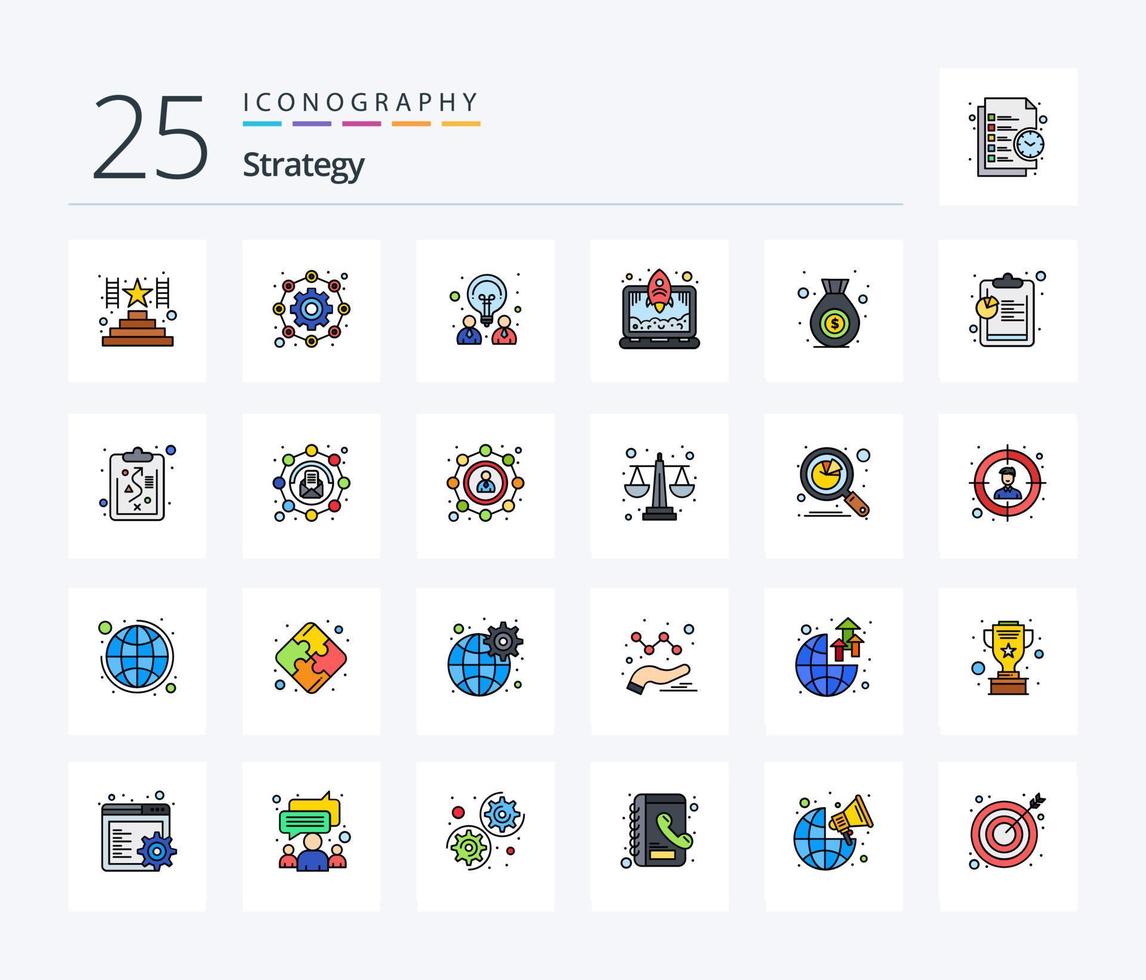 Pack d'icônes remplies de 25 lignes de stratégie, y compris l'analyse. finance. motif. sac. fusée vecteur