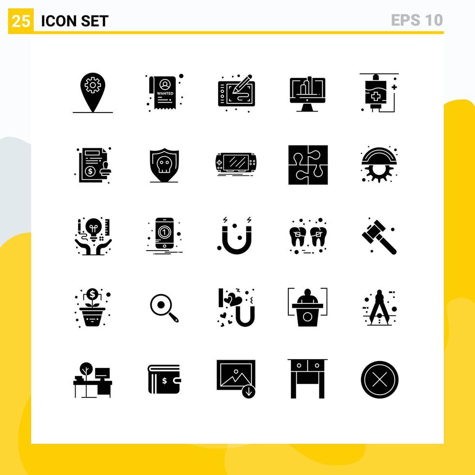 interface mobile glyphe solide ensemble de 25 pictogrammes d'éléments de conception vectorielle modifiables de moniteur d'art de soins de santé médicaux vecteur