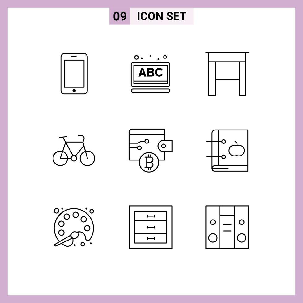 ensemble de 9 symboles d'icônes d'interface utilisateur modernes signes pour portefeuille bitcoin bureau voyage vélo éléments de conception vectoriels modifiables vecteur