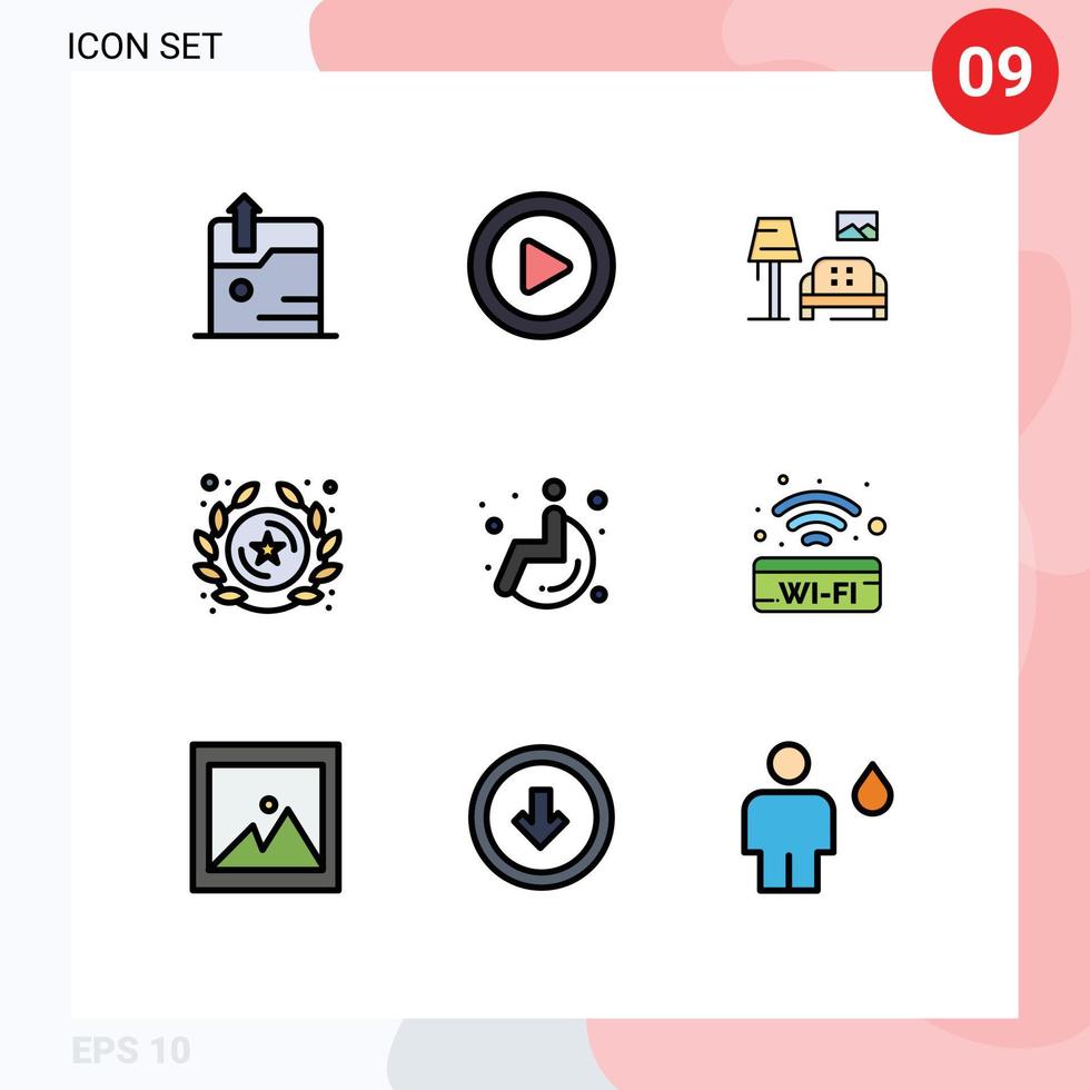 interface mobile filledline couleur plate ensemble de 9 pictogrammes d'éléments de conception vectoriels modifiables de rang médical de canapé de roue de signe public vecteur