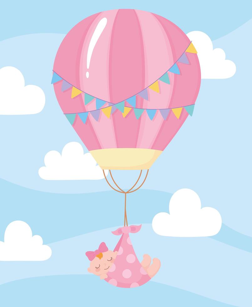 douche de bébé, petite fille suspendue au dessin animé de montgolfière, célébration bienvenue nouveau-né vecteur