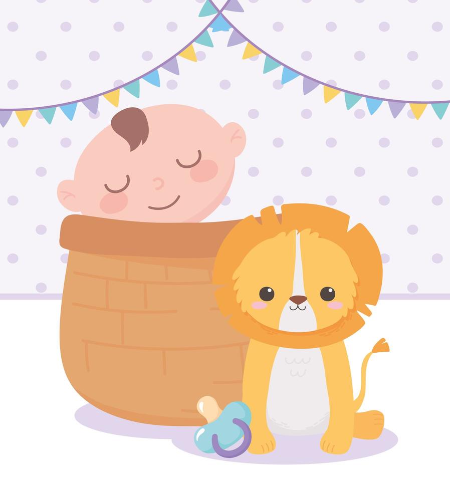 baby shower, petit garçon dans le panier et lion mignon avec sucette, célébration bienvenue nouveau-né vecteur