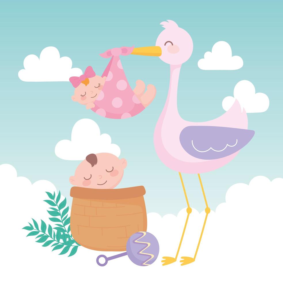 douche de bébé, cigogne avec fille et garçon en dessin animé de panier, célébration bienvenue nouveau-né vecteur