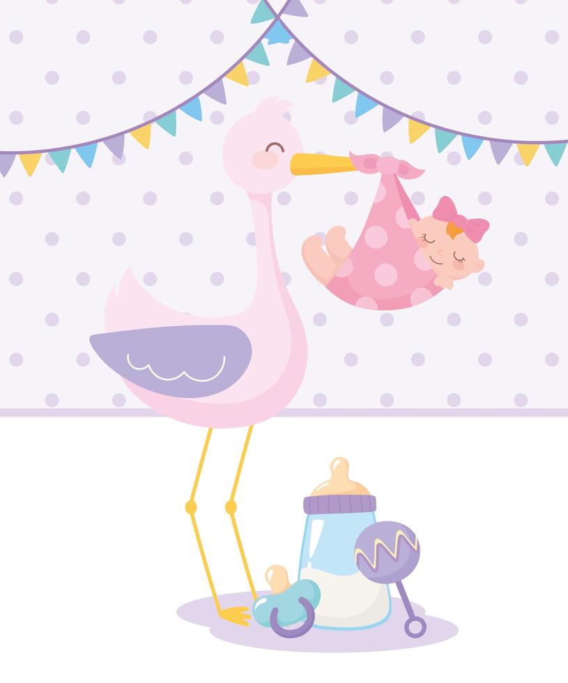 baby shower, cigogne avec hochet bébé fille et sucette, célébration bienvenue nouveau-né vecteur