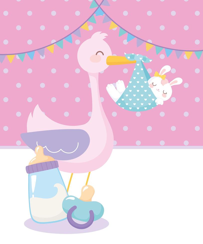 baby shower, cigogne avec lapin en couverture tétine et biberon de lait, célébration bienvenue nouveau-né vecteur
