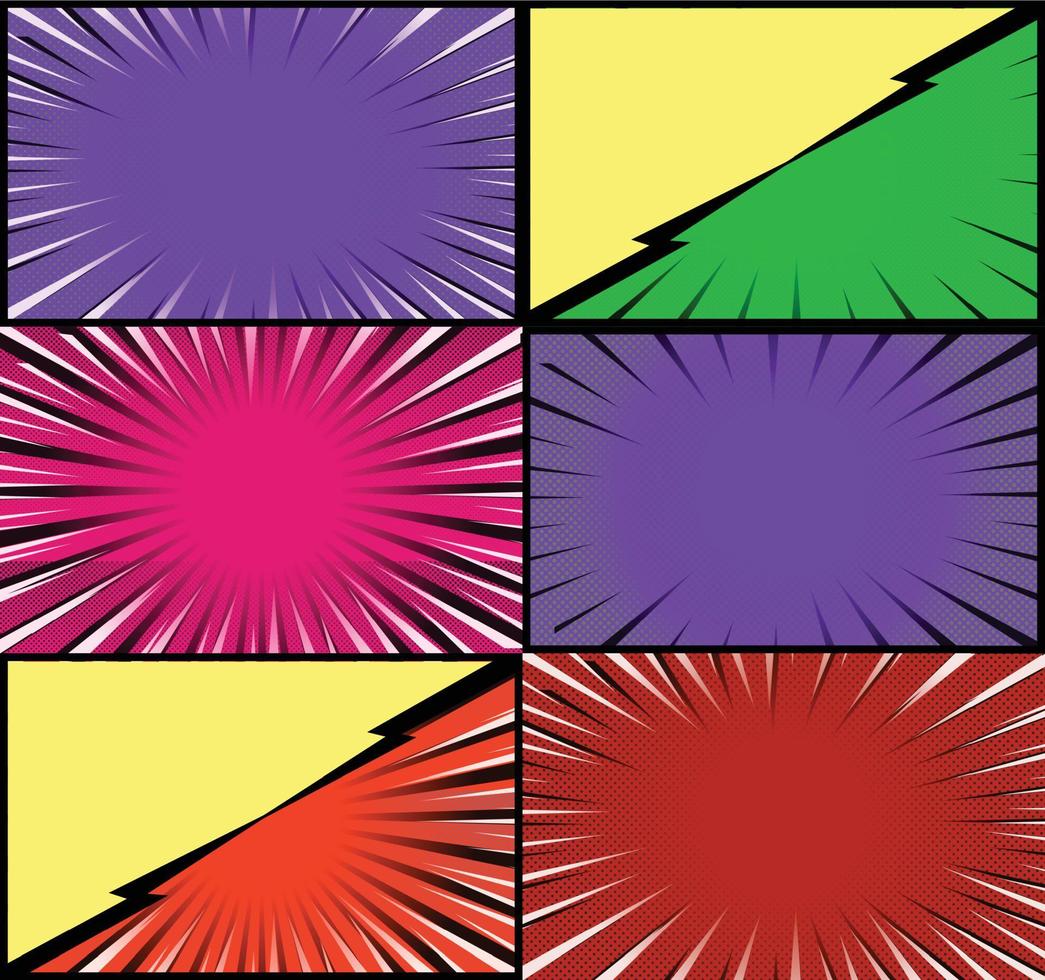 fond de cadres colorés de bande dessinée avec des rayons de demi-teintes effets radiaux et pointillés style pop art vecteur