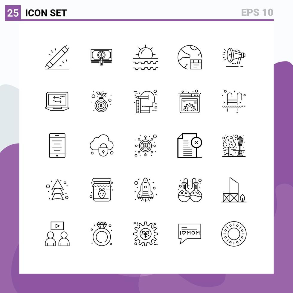 ensemble moderne de 25 lignes de pictogrammes d'éléments de conception vectoriels modifiables de développement de prêt d'application vacances soleil vecteur