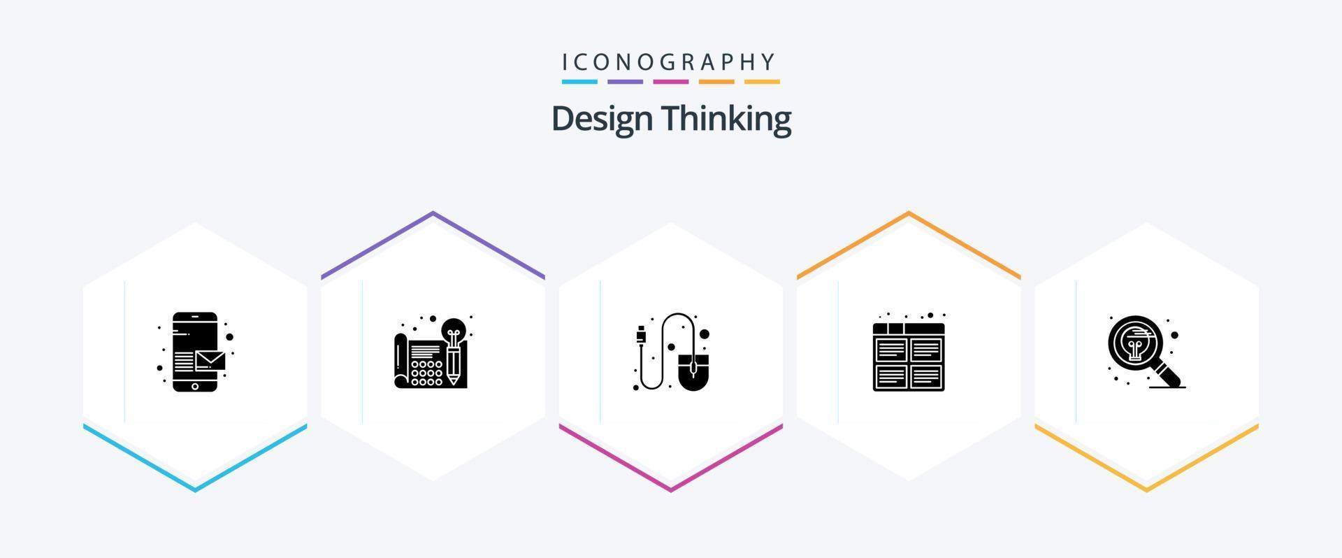 design thinking pack d'icônes de 25 glyphes, y compris la production. images. en pensant. film. outil vecteur