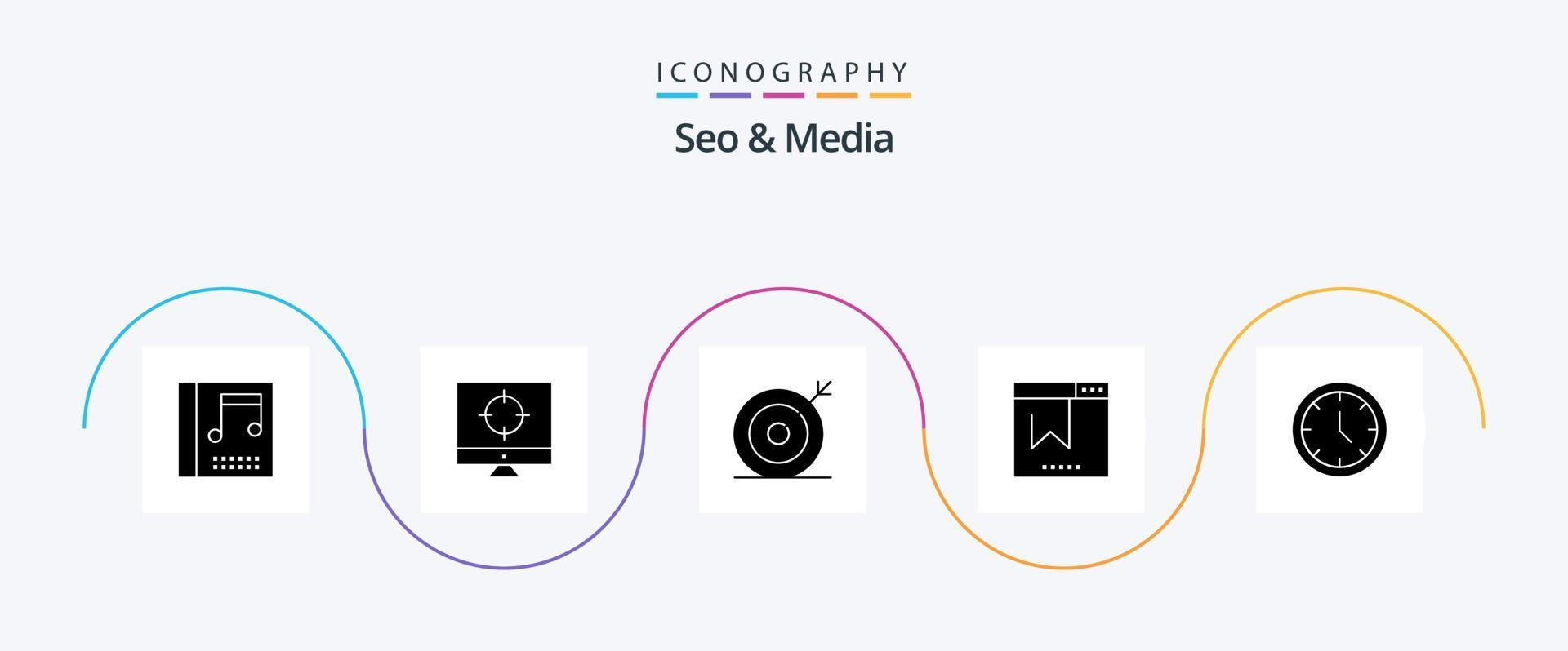 pack d'icônes seo et media glyph 5, y compris l'heure. site Internet. médias. référencement. signet vecteur