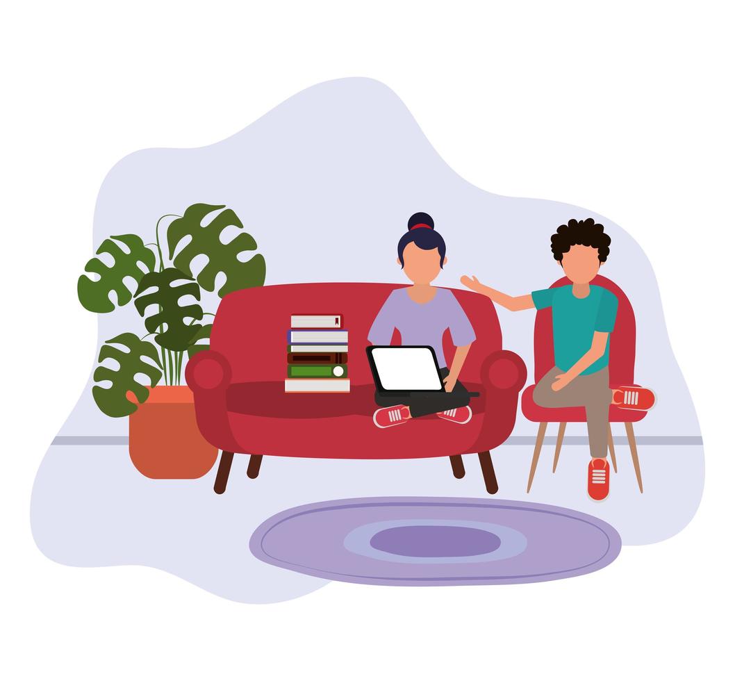 travaillant à la maison, femme utilisant un ordinateur portable et homme assis sur une chaise avec des livres, des gens à la maison en quarantaine vecteur