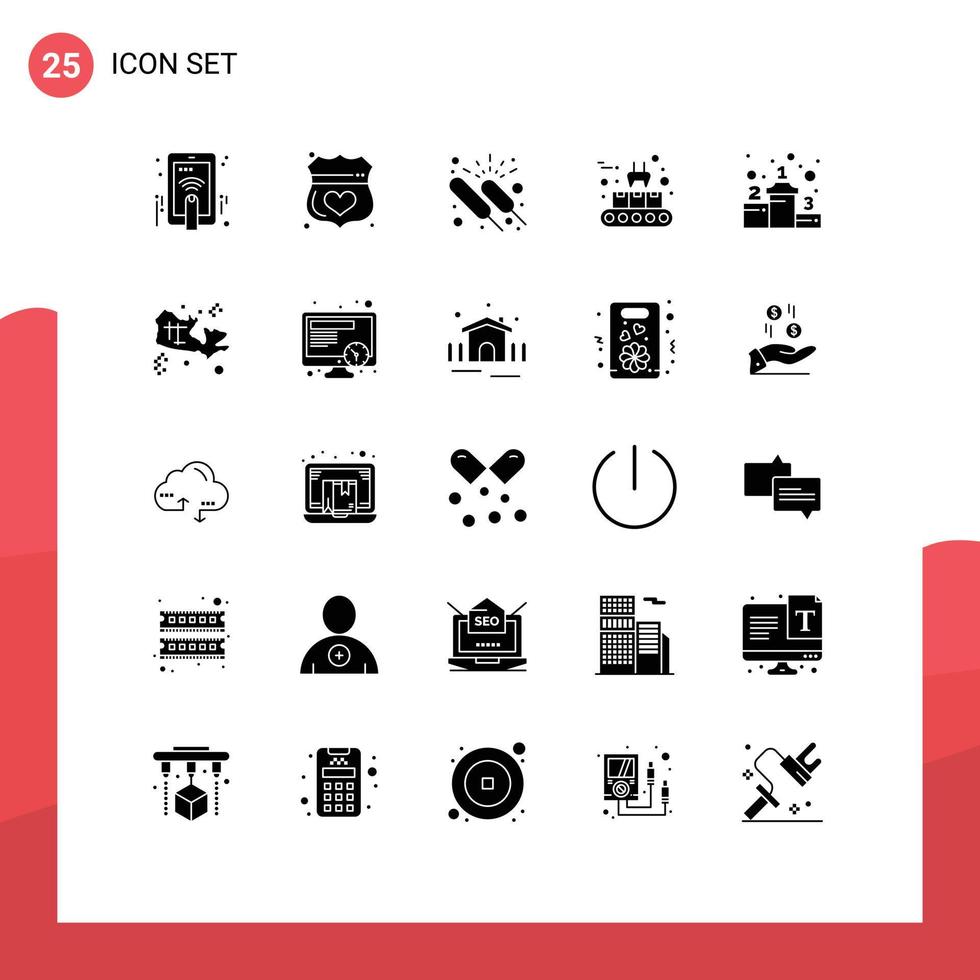 groupe de 25 glyphes solides modernes définis pour la ligne de production bouclier de bande transporteuse groupe de convoyeurs éléments de conception vectoriels modifiables vecteur