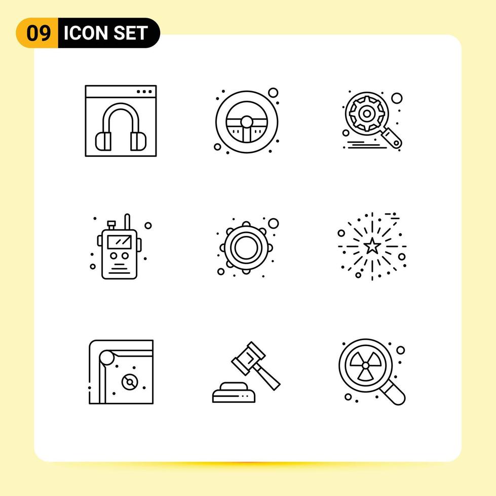 contour de l'interface mobile ensemble de 9 pictogrammes d'instrument talkie walkie roue émetteur-récepteur radio réglage éléments de conception vectoriels modifiables vecteur