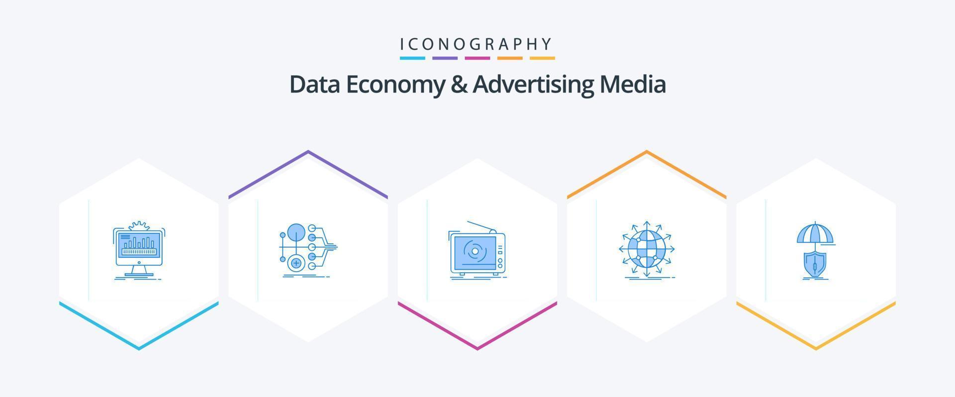 économie de données et médias publicitaires pack de 25 icônes bleues comprenant une flèche. globe. transfert. Positionner. La publicité vecteur