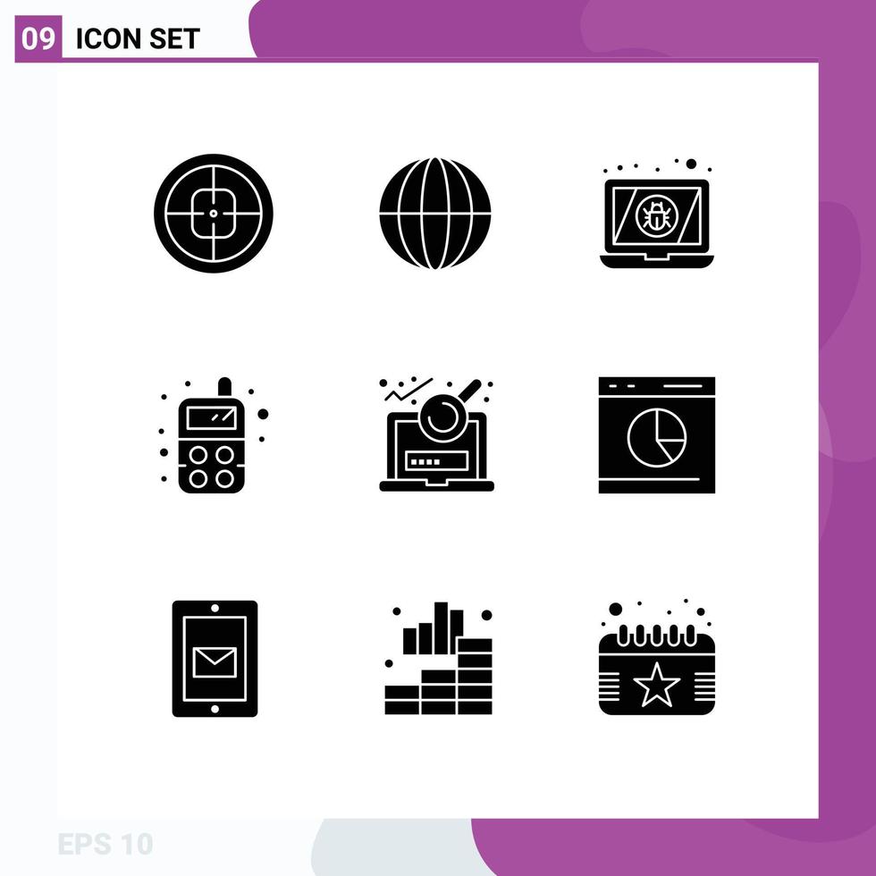 groupe de 9 signes et symboles de glyphes solides pour les éléments de conception vectoriels modifiables de virus de radio internet de fichier jouet vecteur