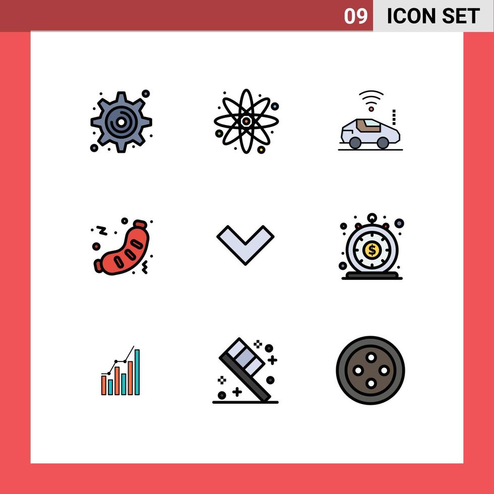 groupe de 9 signes et symboles de couleurs plates remplies pour les éléments de conception vectoriels modifiables de nourriture de saucisse wifi de flèche arrière vecteur