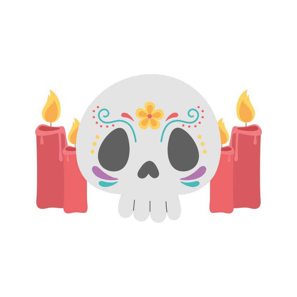 jour des morts, crâne avec décoration de fleurs et de bougies fête mexicaine vecteur