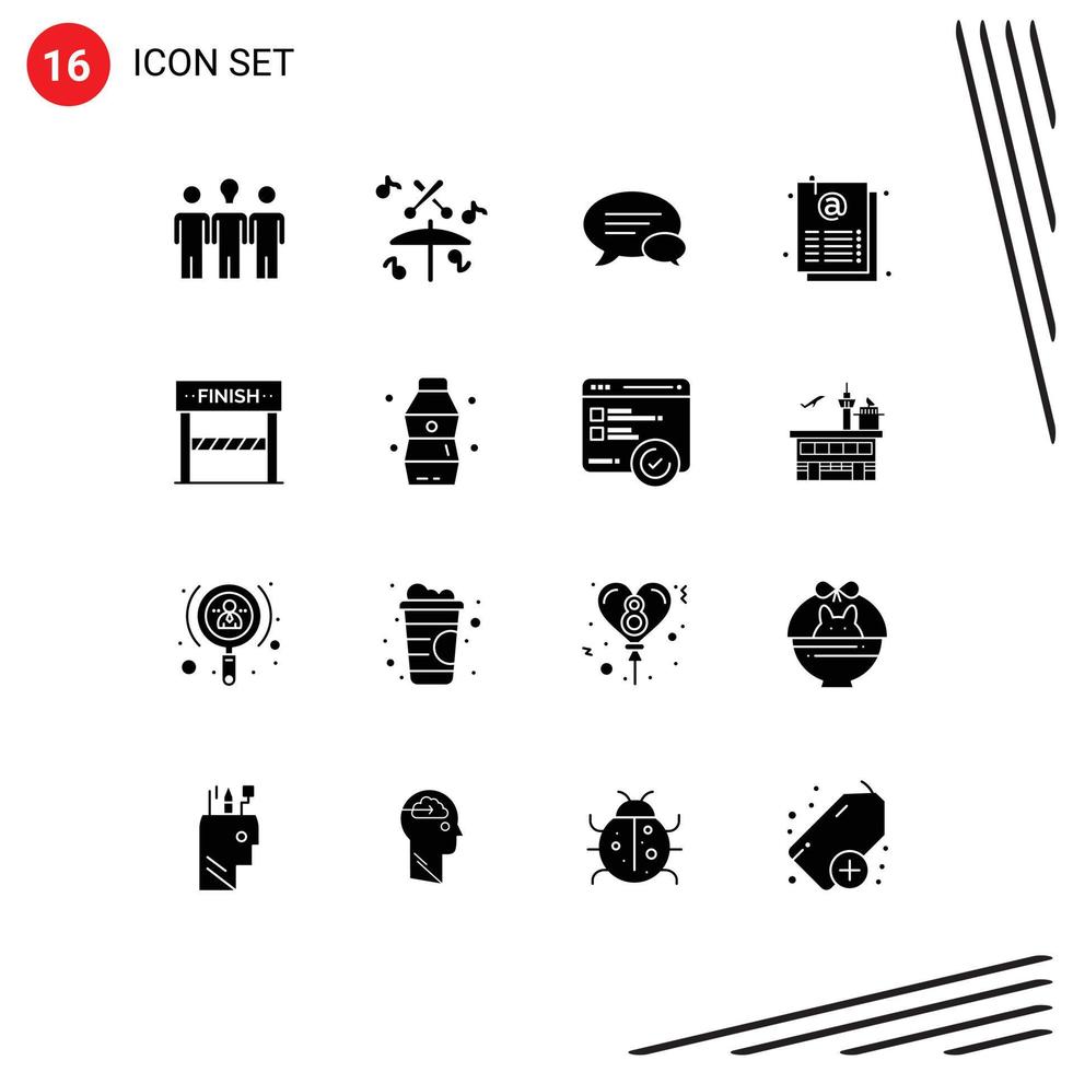 pack de 16 signes et symboles de glyphes solides modernes pour les supports d'impression web tels que la feuille de communication de finition sportive e-mail éléments de conception vectoriels modifiables vecteur