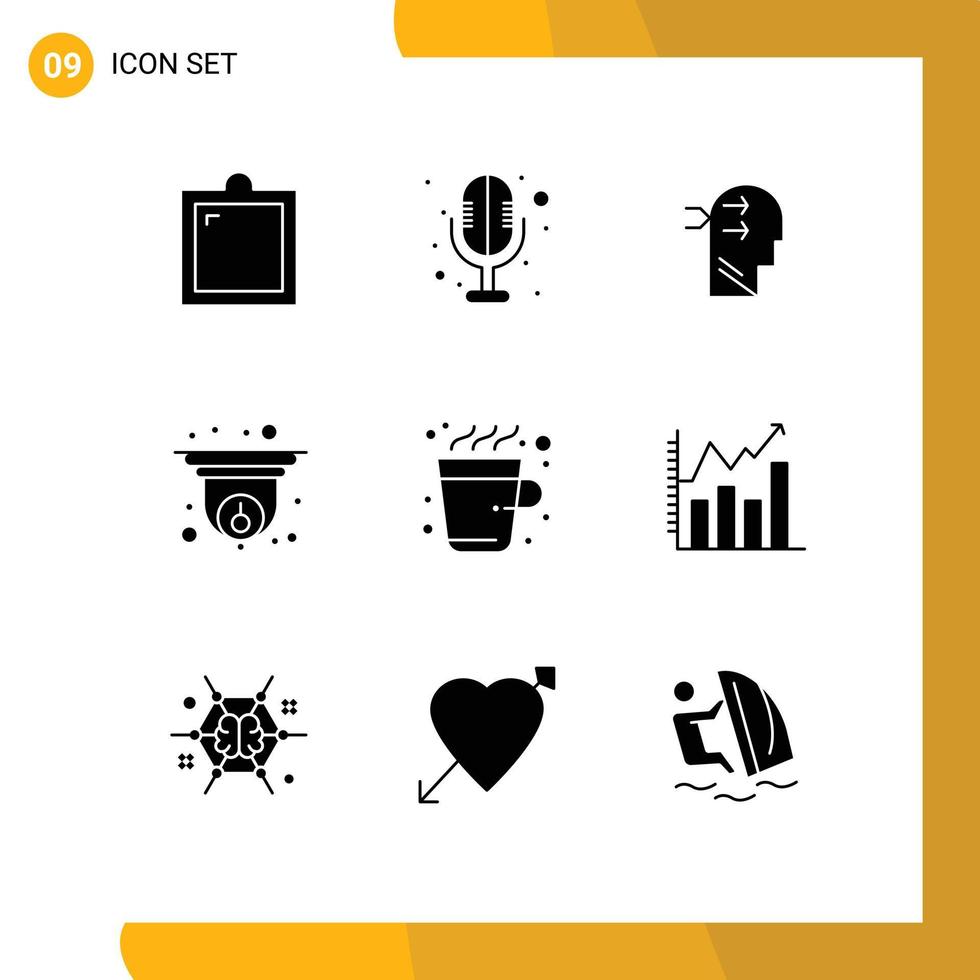 ensemble de 9 glyphes solides vectoriels sur la grille pour boire des informations sur la tête de café cctv éléments de conception vectoriels modifiables vecteur