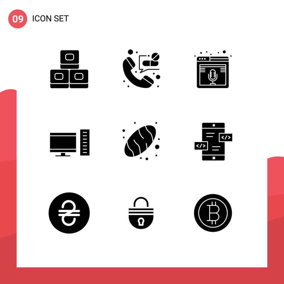 ensemble moderne de 9 glyphes et symboles solides tels que des éléments de conception vectoriels modifiables par ordinateur de microphone de serveur de pain vecteur