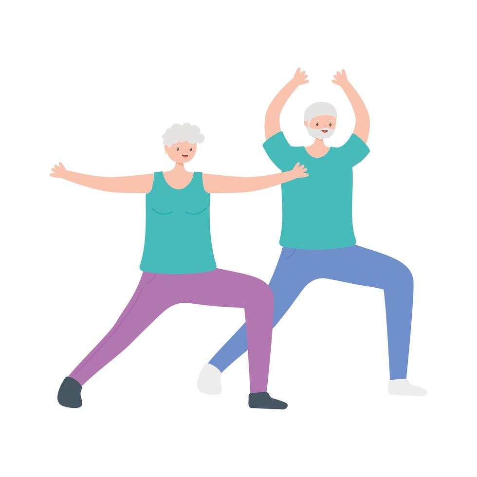 activité seniors, vieil homme et femme, exercices d'étirement sport vecteur