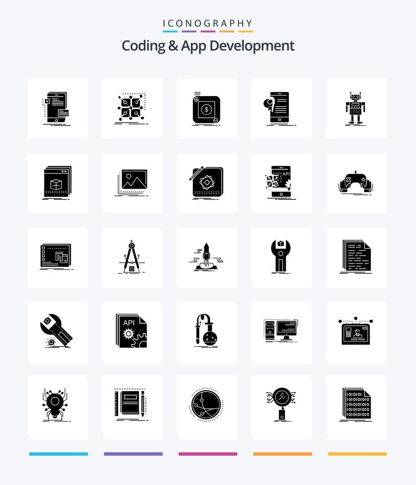 codage créatif et développement d'applications pack d'icônes noires solides de 25 glyphes tels que l'application. certificat. grappe. portable. application vecteur