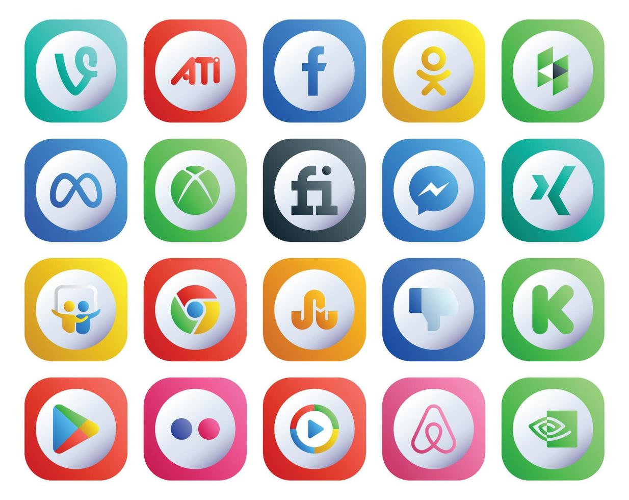 20 pack d'icônes de médias sociaux, y compris les applications kickstarter fiverr n'aiment pas le chrome vecteur